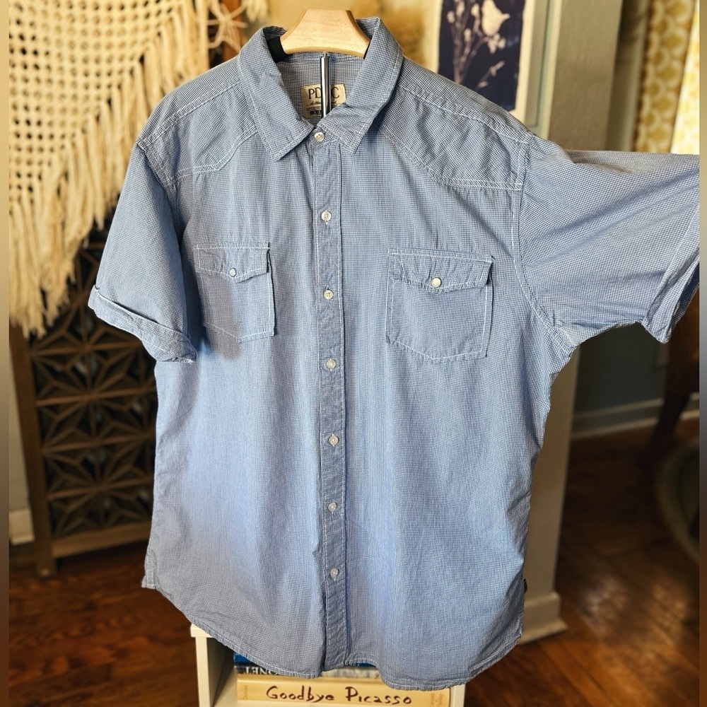 PD&C Blue and White Micro Plaid Button Up Short Sleeve Shirt